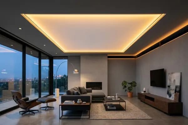 Hõljuv pinglagi elutoas — perimetri LED-efekt