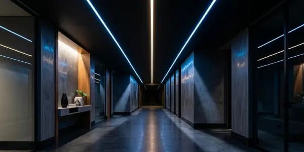 Futuristlikud valgusjooned laes — elegantne moodne interjöör