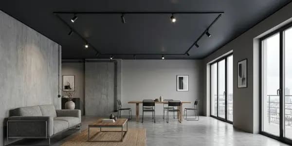 Minimalistlik rööpasüsteem laes — industriaalne interjöör