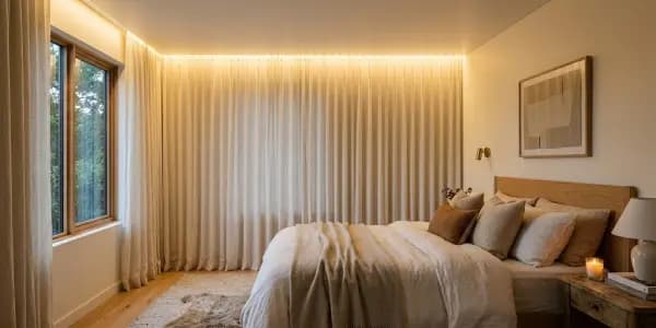 Peidetud kardinaniišiga pinglagi — hubaselt kujundatud magamistuba