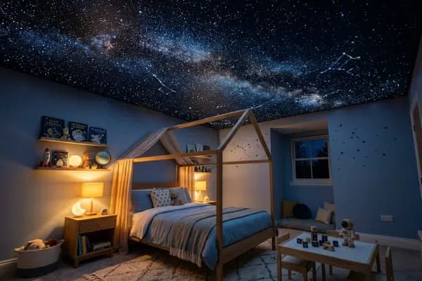 Tähine taevas pinglael — laste magamistuba kiudoptiliste tähtedega